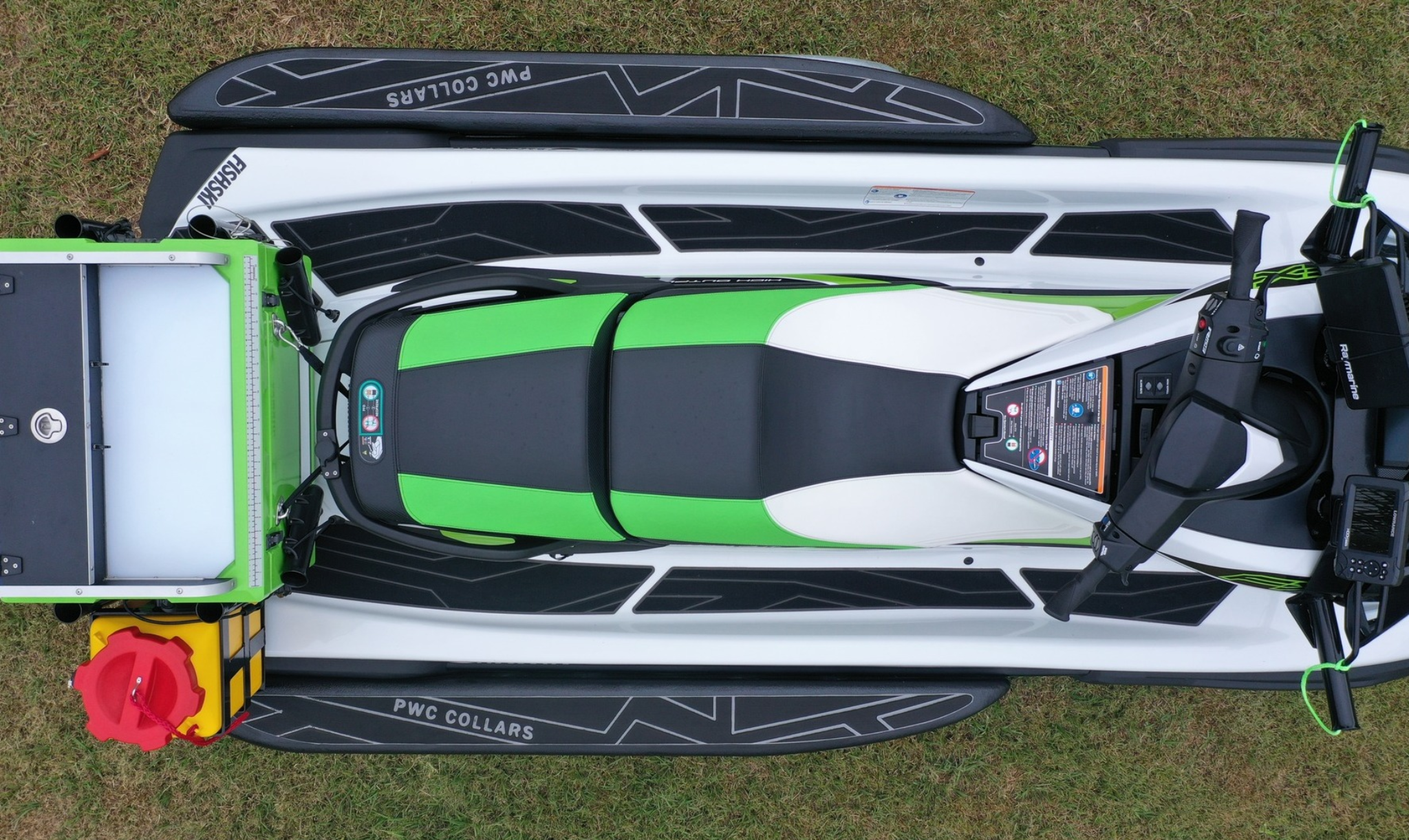 Top-down view of ski with collars fitted